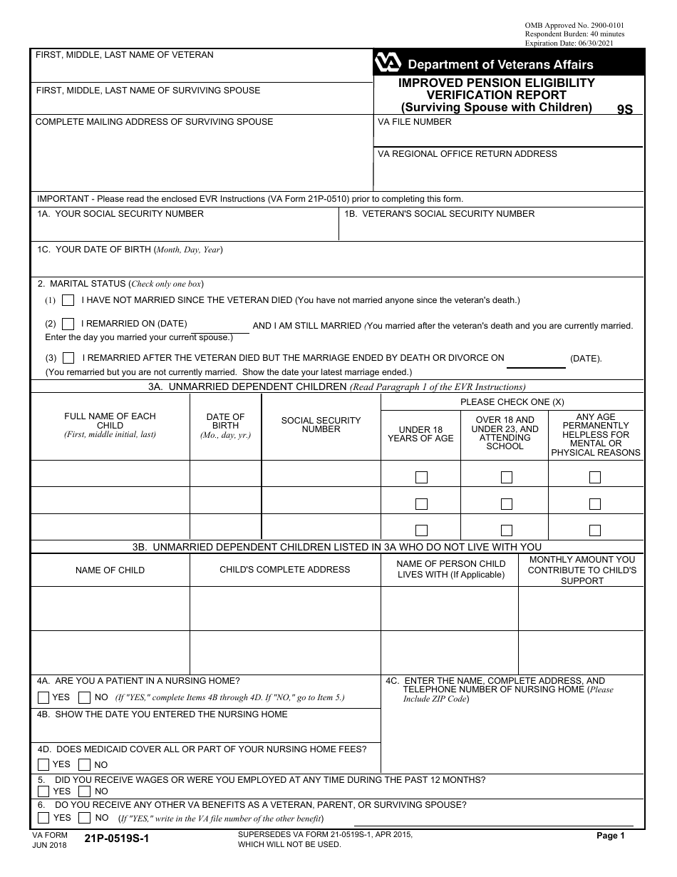 VA Form 21P-0519S-1 Improved Pension Eligibility Verification Report (Surviving Spouse With Children), Page 1
