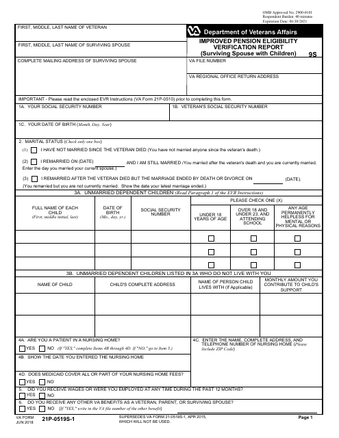 VA Form 21P-0519S-1 Improved Pension Eligibility Verification Report (Surviving Spouse With Children)
