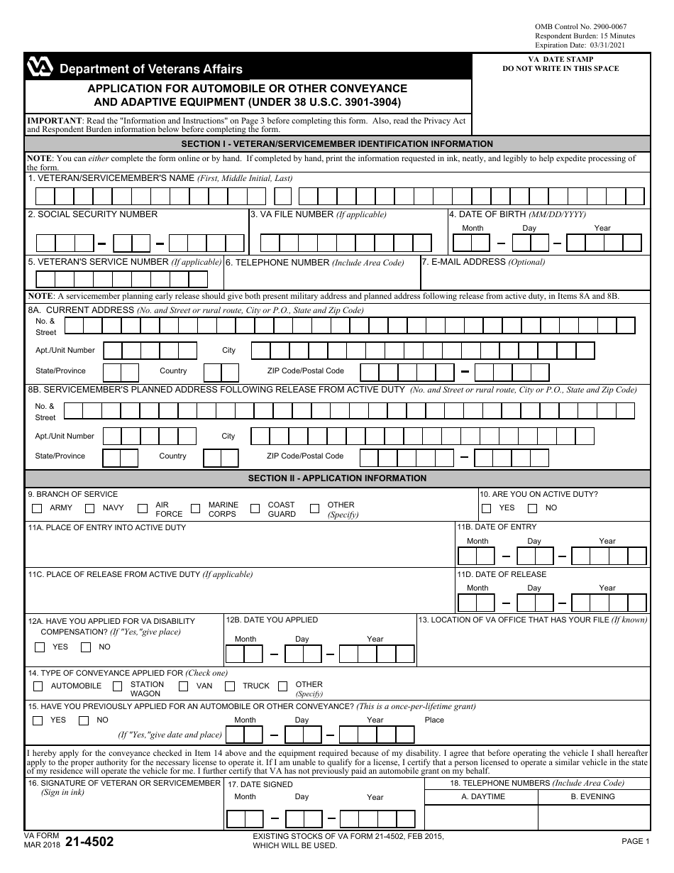 VA Form 21-4502 Application for Automobile or Other Conveyance and Adaptive Equipment, Page 1