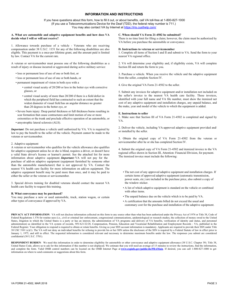 VA Form 21-4502 Application for Automobile or Other Conveyance and Adaptive Equipment, Page 3