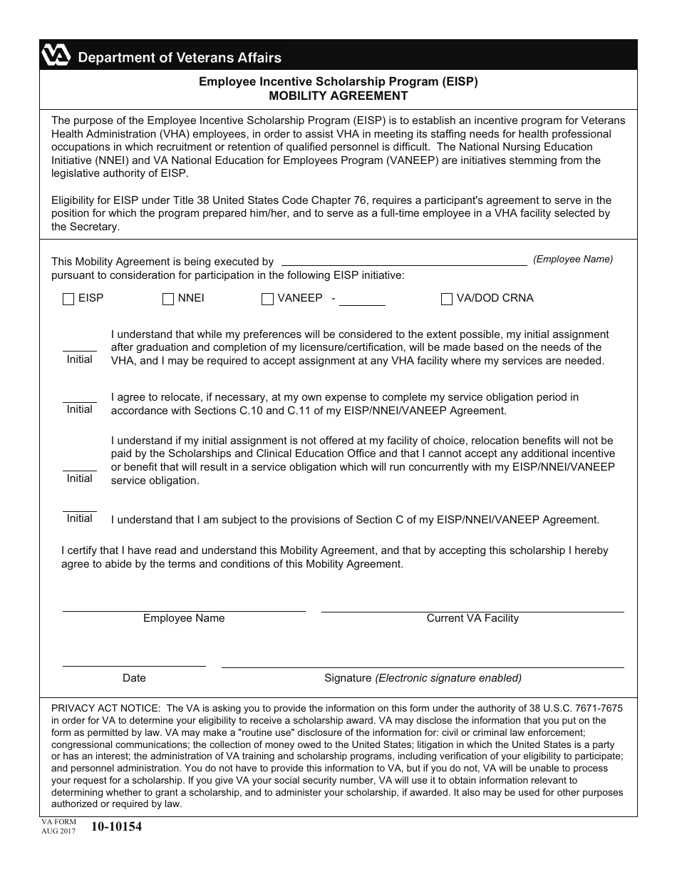 VA Form 10-10154 Empoyee Incentive Scholarship Program Mobility Agreement, Page 1