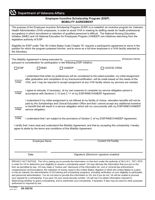 VA Form 10-10154 Empoyee Incentive Scholarship Program Mobility Agreement