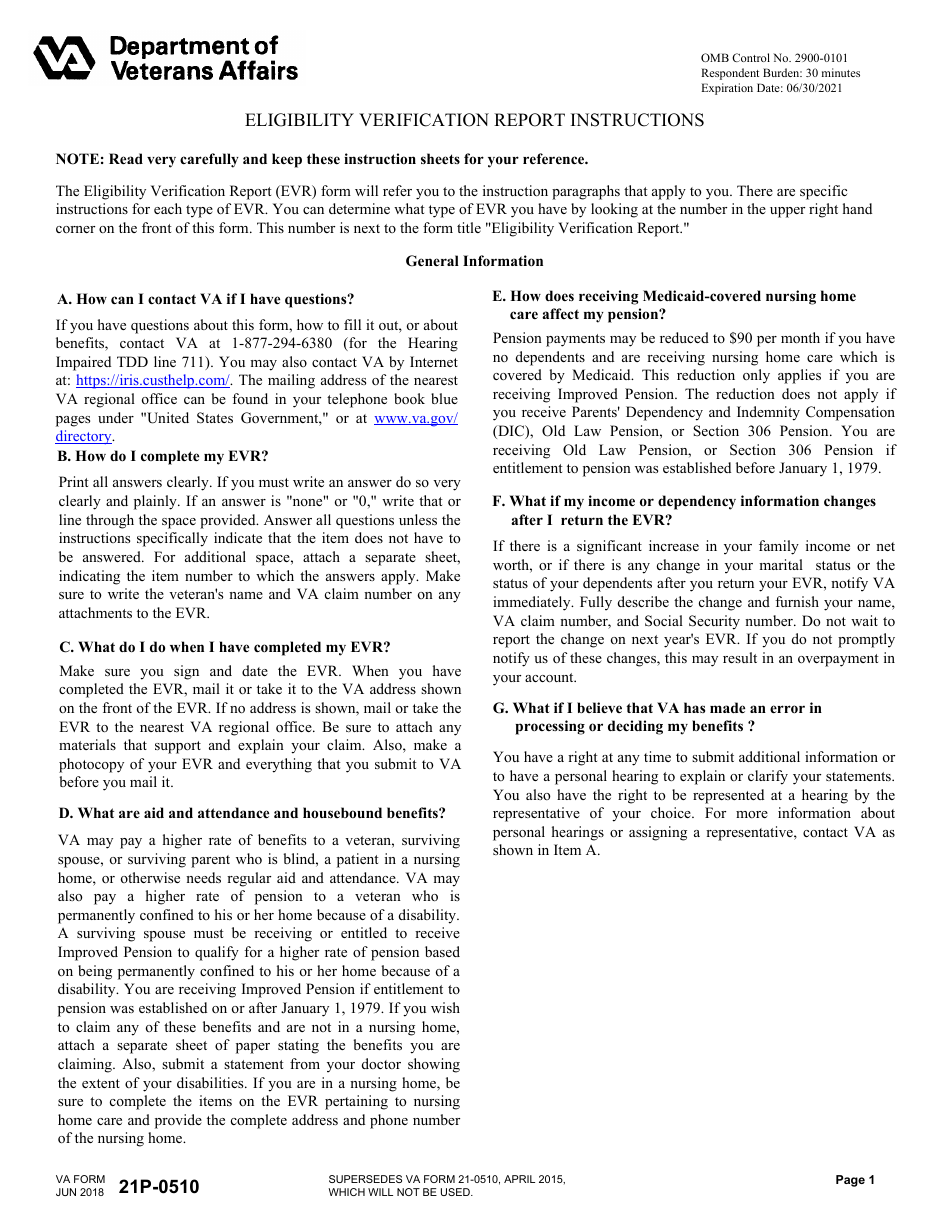 Download Instructions for VA Form 21P-0510 Improved Pension Eligibility  Verification Report PDF | Templateroller