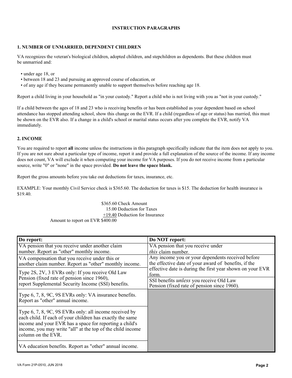Instructions for VA Form 21P-0510 Improved Pension Eligibility Verification Report, Page 2