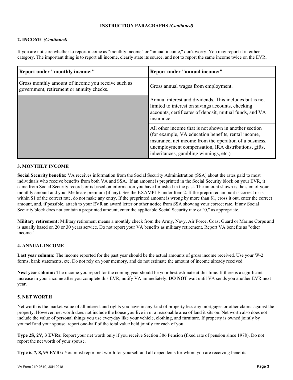 Instructions for VA Form 21P-0510 Improved Pension Eligibility Verification Report, Page 3