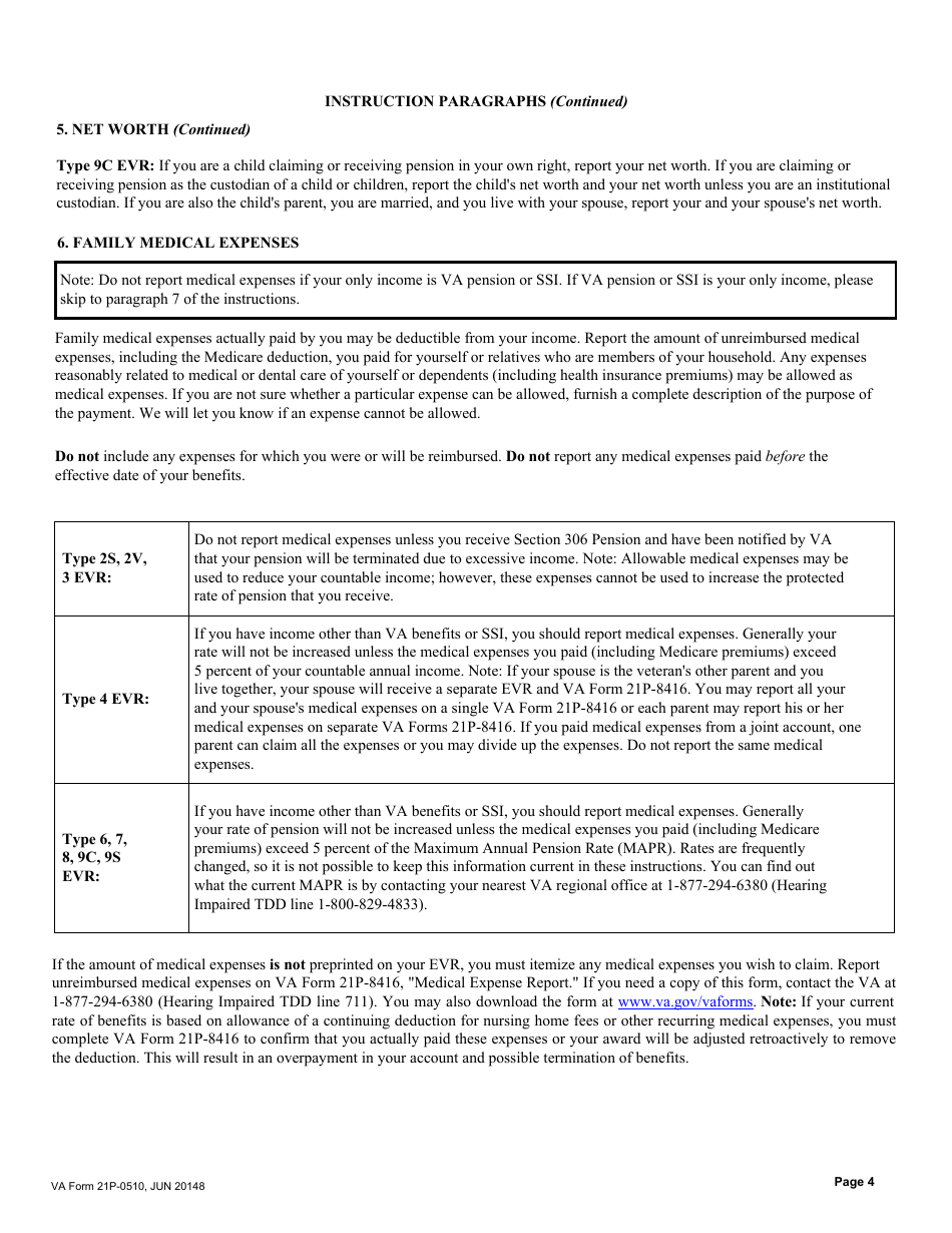 Instructions for VA Form 21P-0510 Improved Pension Eligibility Verification Report, Page 4