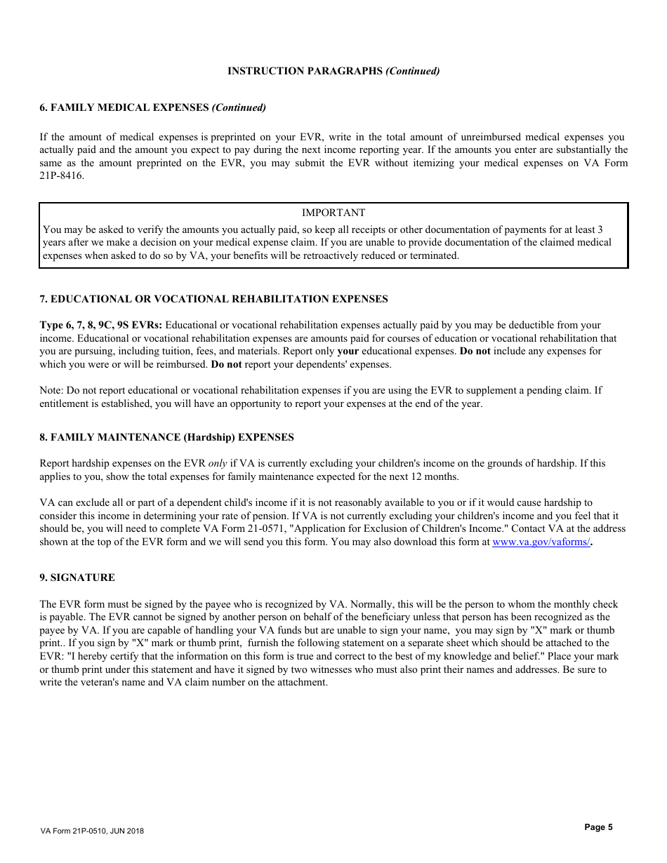 Instructions for VA Form 21P-0510 Improved Pension Eligibility Verification Report, Page 5