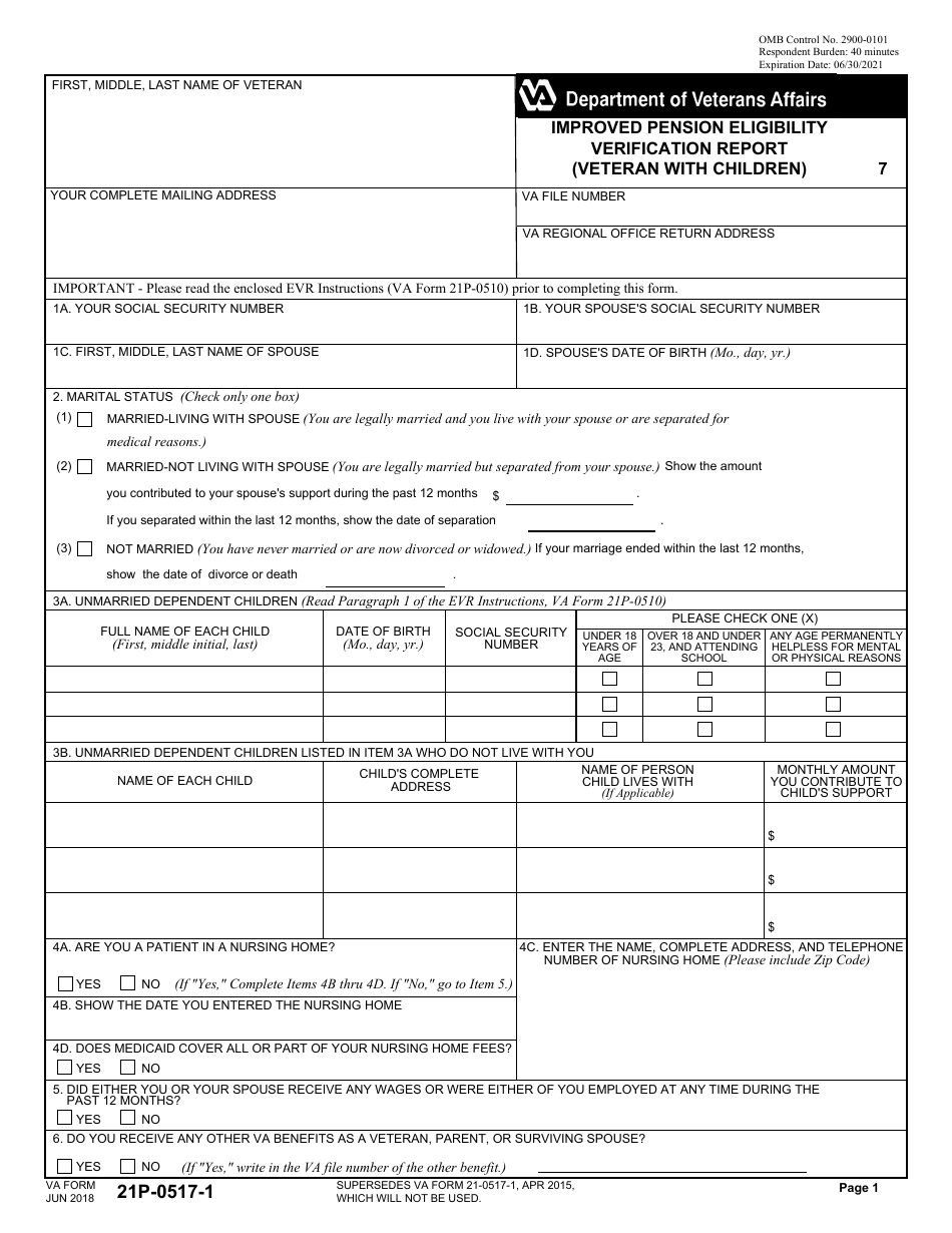 VA Form 21P-0517-1 Improved Pension Eligibility Verification Report (Veteran With Children), Page 1