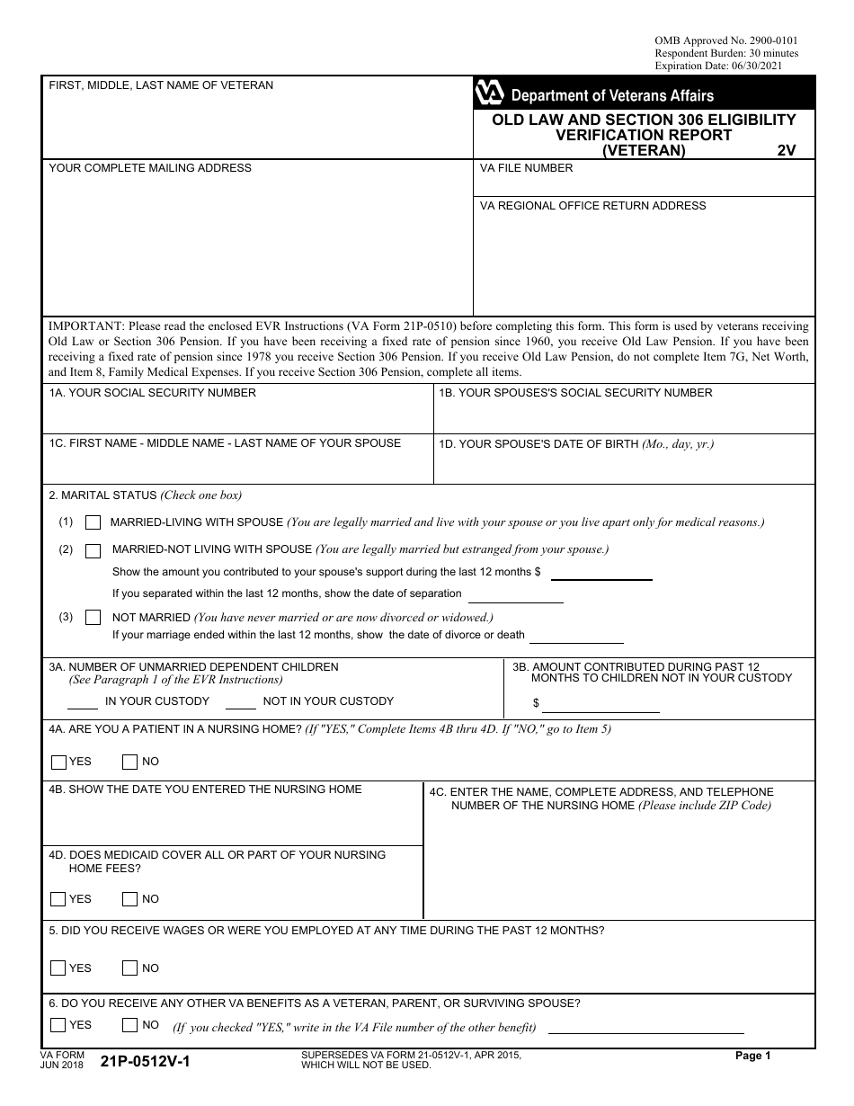 VA Form 21P-0512V-1 Old Law and Section 306 Eligibility Verification Report (Veteran), Page 1