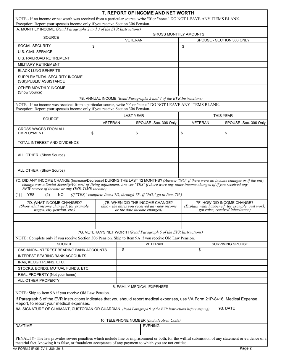 VA Form 21P-0512V-1 Old Law and Section 306 Eligibility Verification Report (Veteran), Page 2
