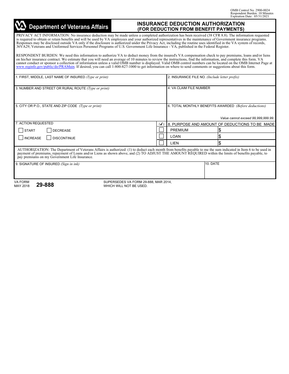 VA Form 29-888 Insurance Deduction Authorization (For Deduction From Benefit Payments), Page 1