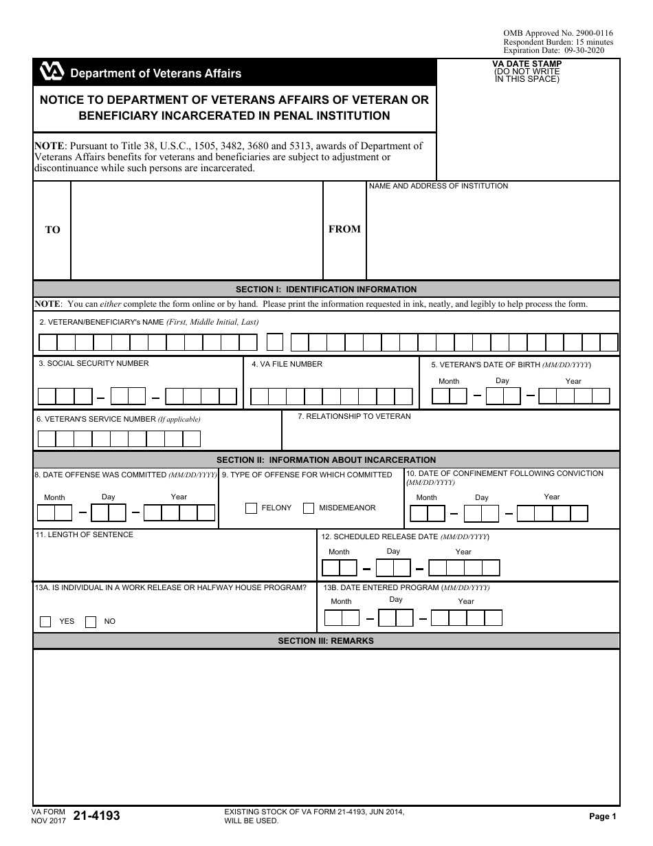 VA Form 21-4193 Notice to Department of Veterans Affairs of Veteran or Beneficiary Incarcerated in Penal Institution, Page 1