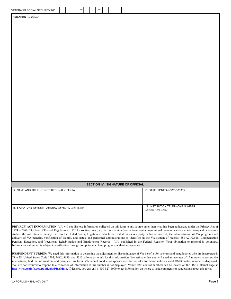 VA Form 21-4193 Notice to Department of Veterans Affairs of Veteran or Beneficiary Incarcerated in Penal Institution, Page 2