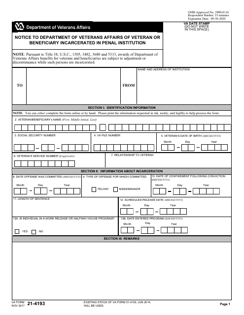 VA Form 21-4193  Printable Pdf
