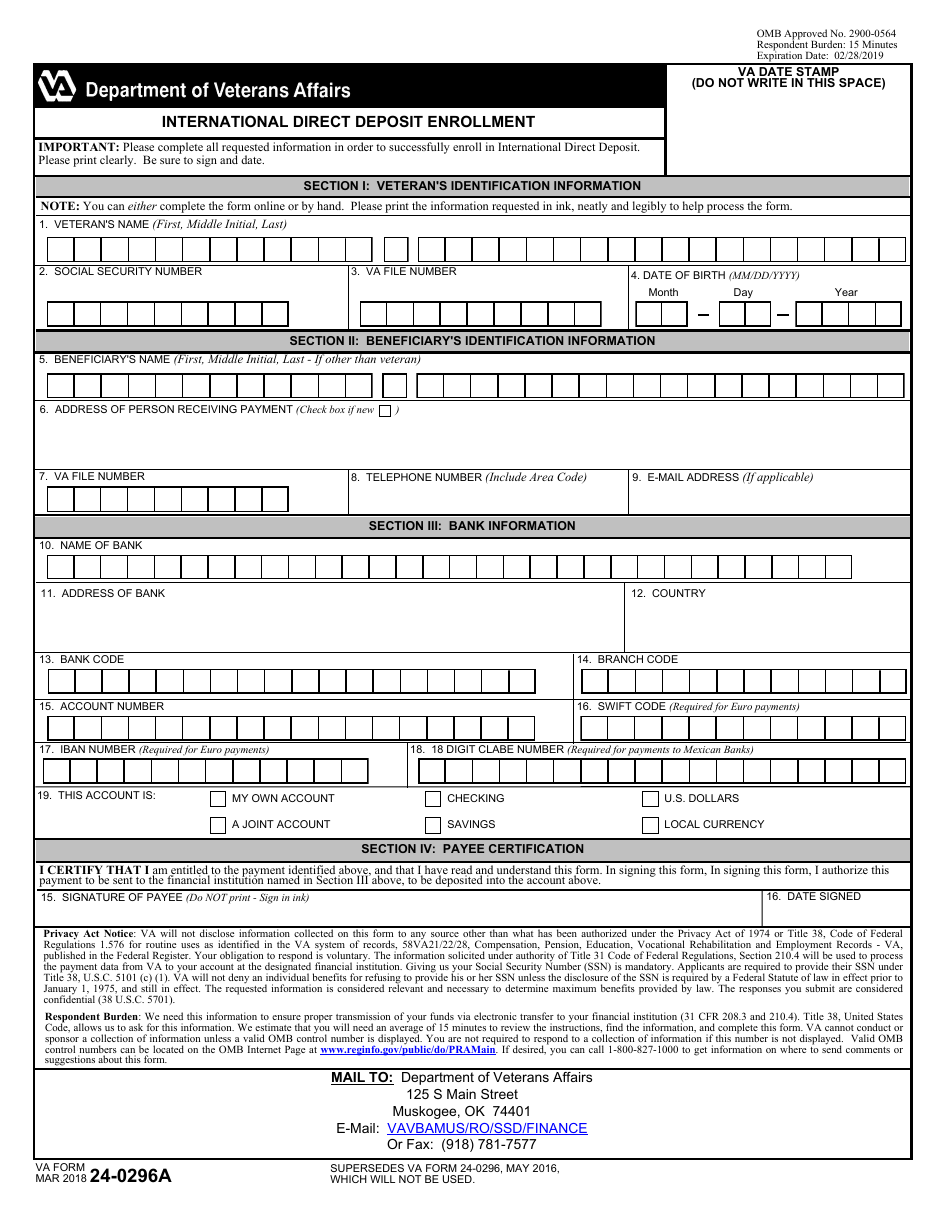 VA Form 24-0296A International Direct Deposit Enrollment, Page 1