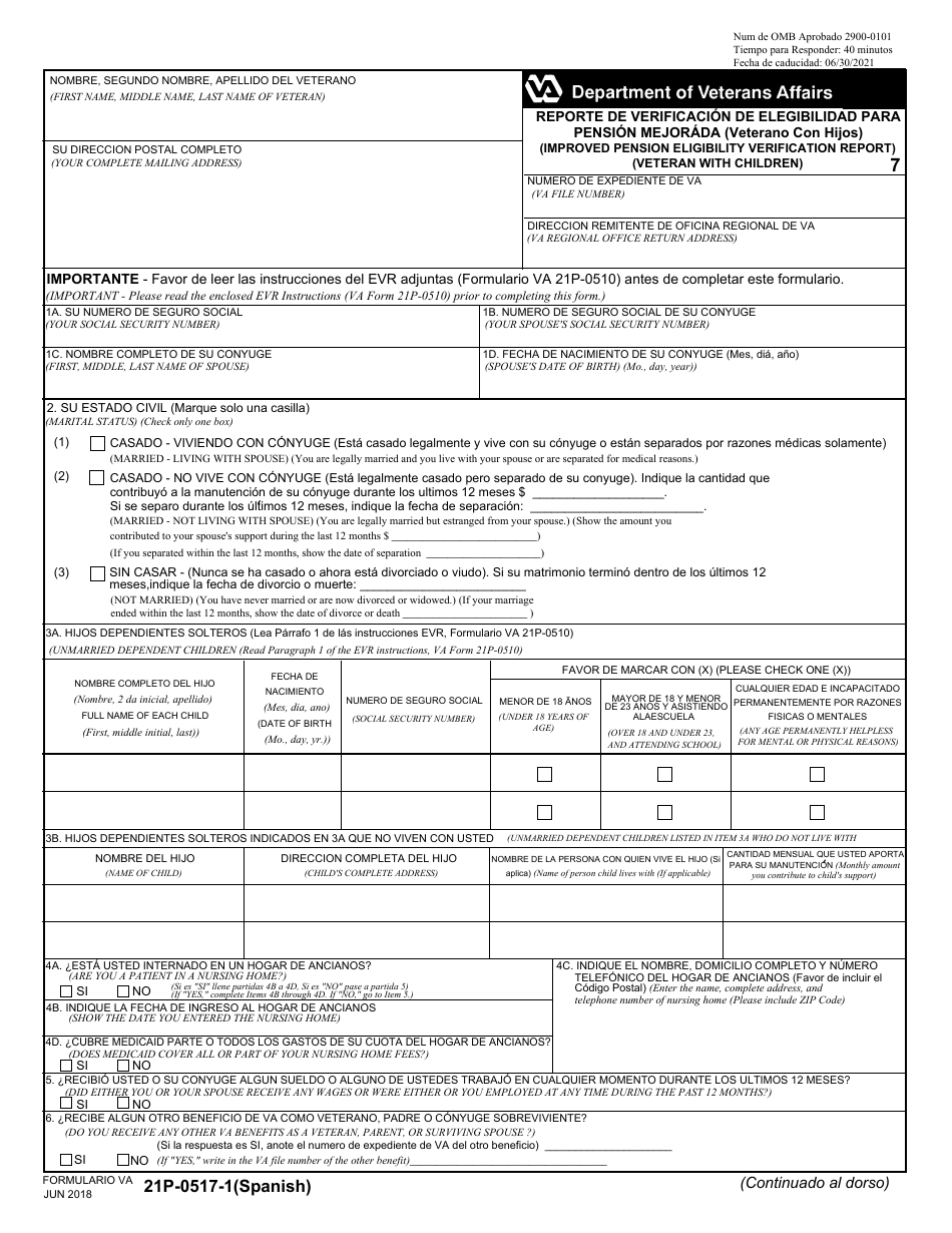 VA Formulario 21P-0517-1 Reporte De Verificacion De Elegibilidad Para Pension Mejorada (Veterano Con Hijos) (Spanish), Page 1