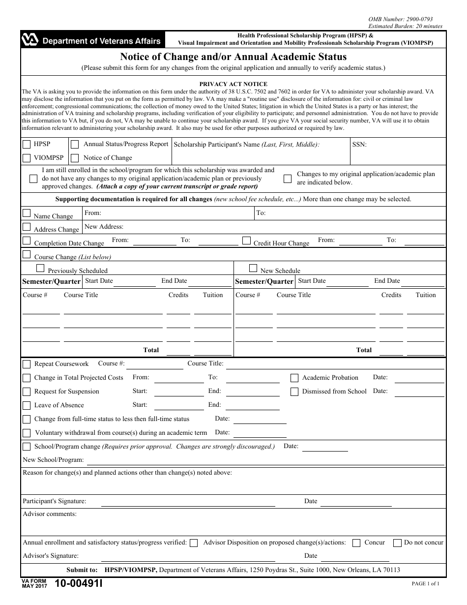 VA Form 10-0491I Notice of Change and / or Annual Academic Status, Page 1