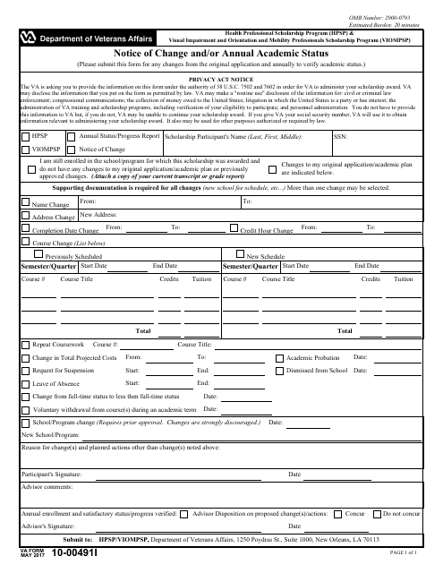 VA Form 10-0491I Notice of Change and/or Annual Academic Status