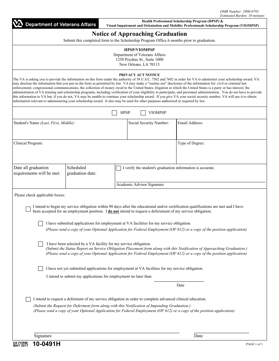 VA Form 10-0491H Notice of Approaching Graduation - Health Professional Scholarship Program (Hpsp)  Visual Impairment and Orientation and Mobility Professionals Scholarship Program (Viompsp), Page 1