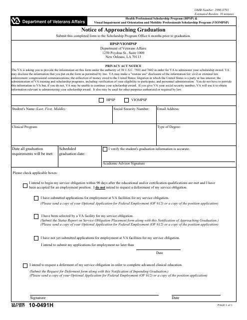 VA Form 10-0491H  Printable Pdf