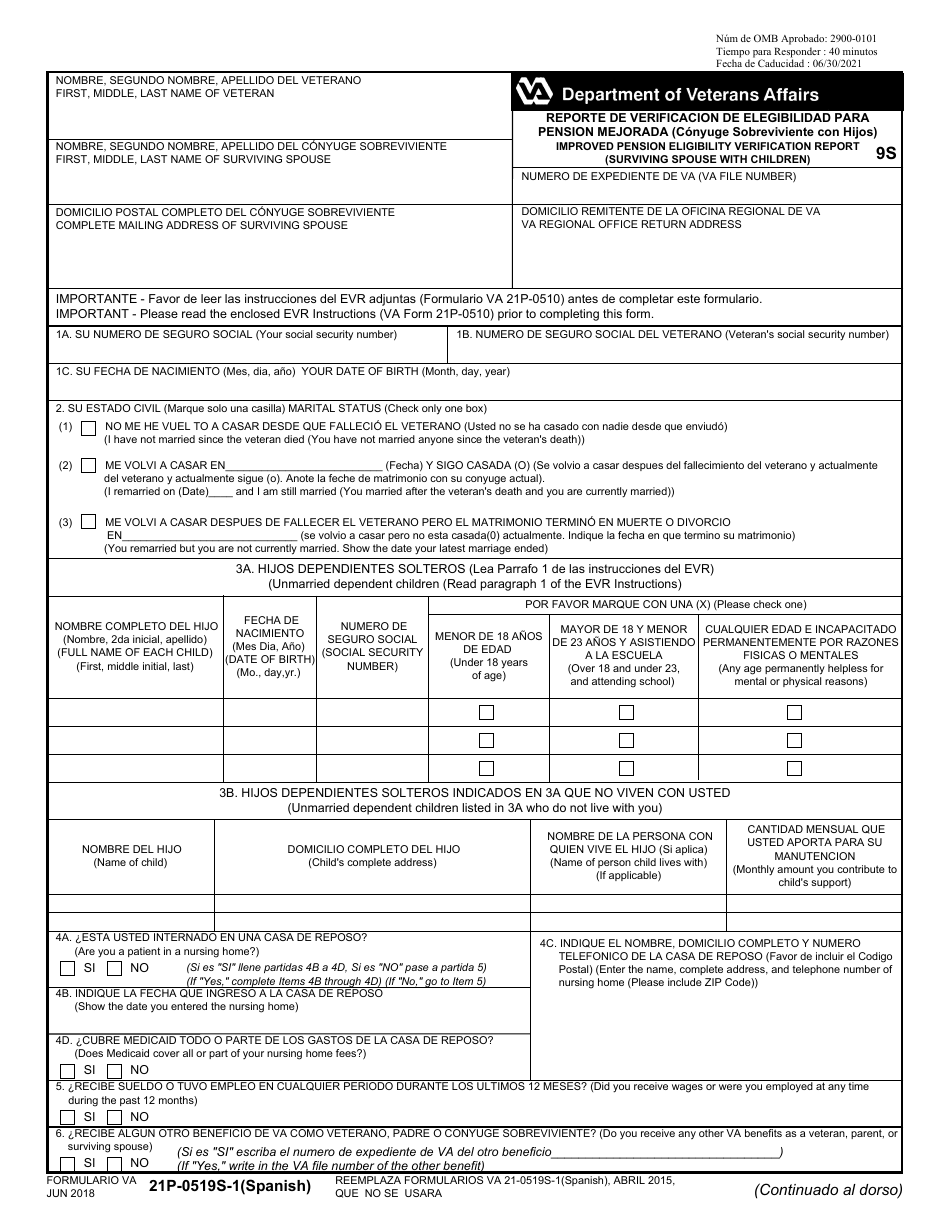 VA Formulario 21P-0519S-1 Reporte De Verificacion De Elegibilidad Para Pension Mejorada (Conyuge Sobreviviente Con Hijos) (Spanish), Page 1