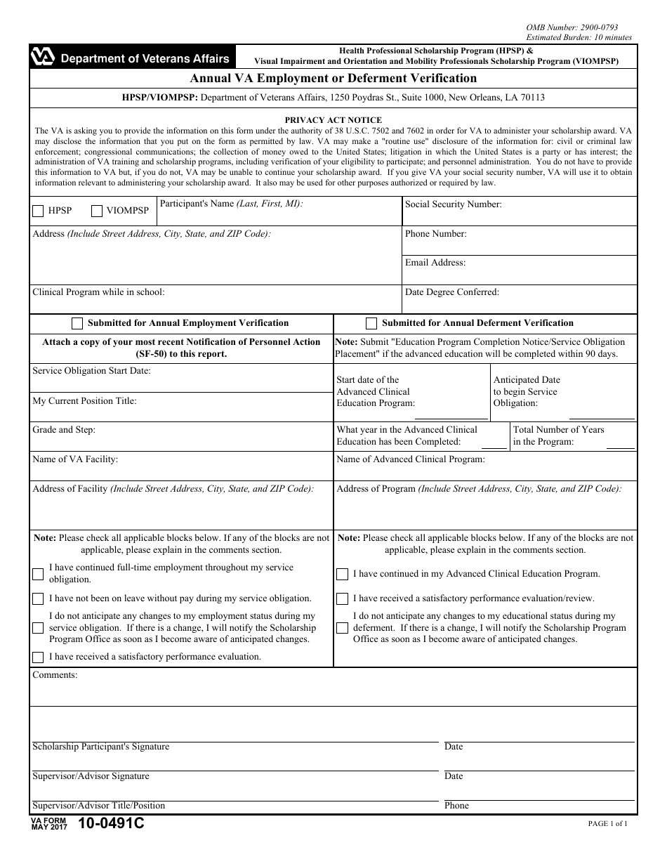 VA Form 10-0491C Annual VA Employment or Deferment Verification - Health Professional Scholarship Program (Hpsp)  Visual Impairment and Orientation and Mobility Professionals Scholarship Program (Viompsp), Page 1