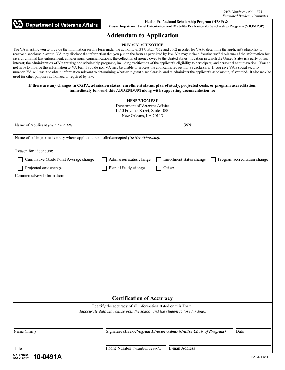 VA Form 10-0491A Addendum to Application for Health Professional Scholarship Program (Hpsp)  Visual Impairment and Orientation and Mobility Professionals Scholarship Program (Viompsp), Page 1