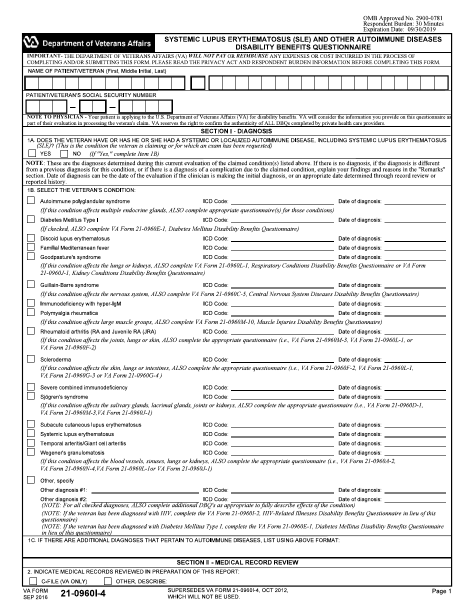 VA Form 21-0960I-4 Systemic Lupus Erythematosus (Sle) and Other Autoimmune Diseases Disability Benefits Questionnaire, Page 1