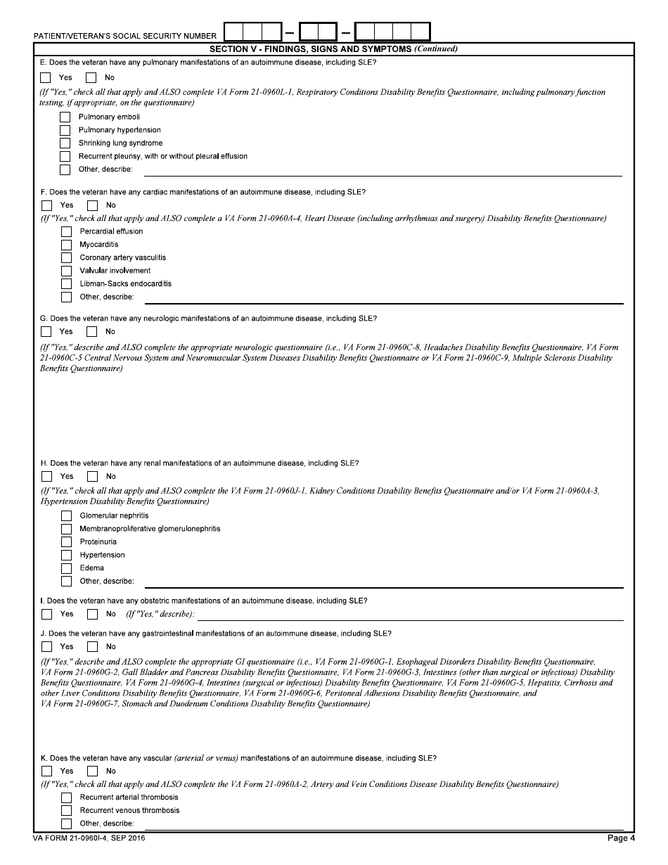 VA Form 21-0960I-4 Systemic Lupus Erythematosus (Sle) and Other Autoimmune Diseases Disability Benefits Questionnaire, Page 4