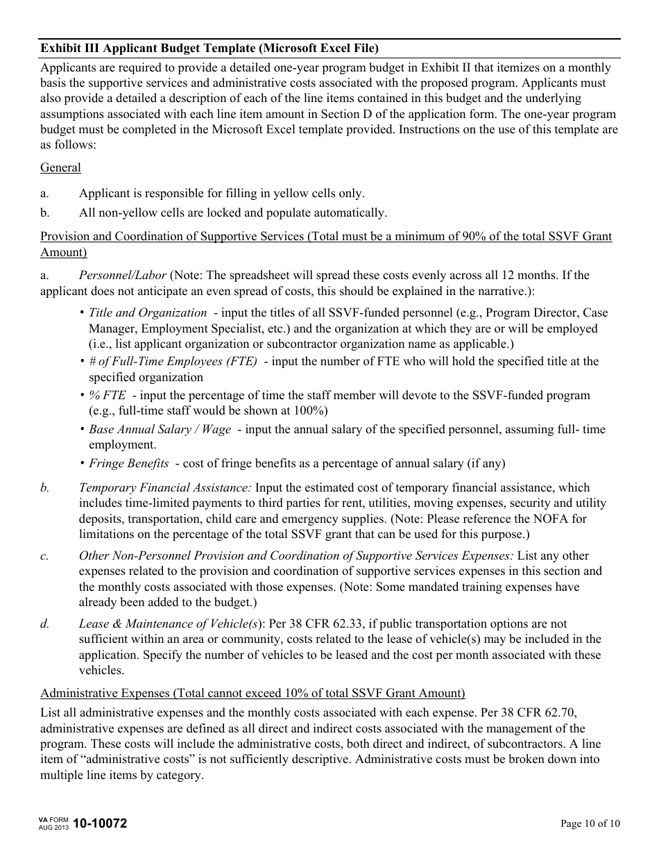 VA Form 10-10072 Supportive Services for Veteran Families (SSVF) Program Application for Supportive Services Grant, Page 10