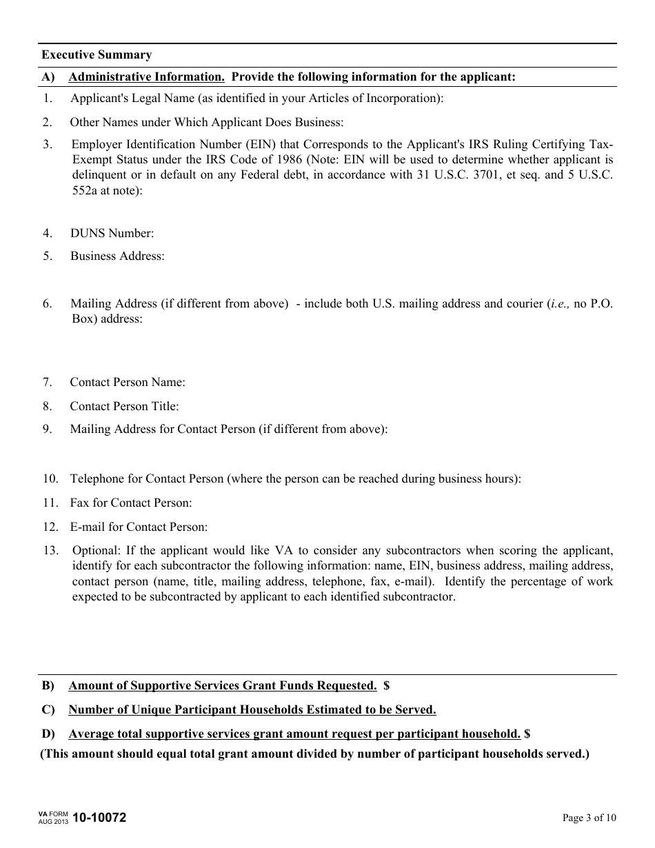 VA Form 10-10072 Supportive Services for Veteran Families (SSVF) Program Application for Supportive Services Grant, Page 3