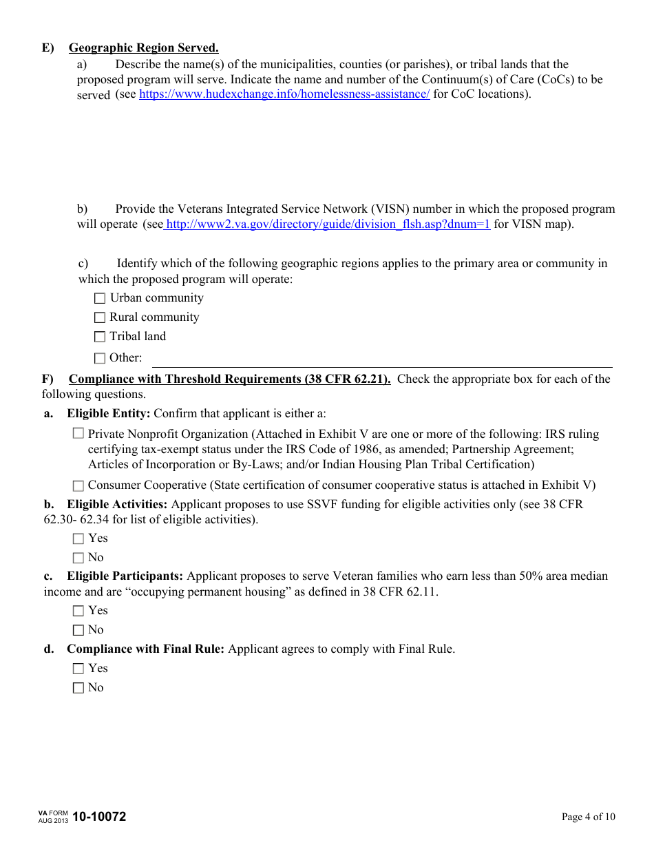 VA Form 10-10072 Supportive Services for Veteran Families (SSVF) Program Application for Supportive Services Grant, Page 4