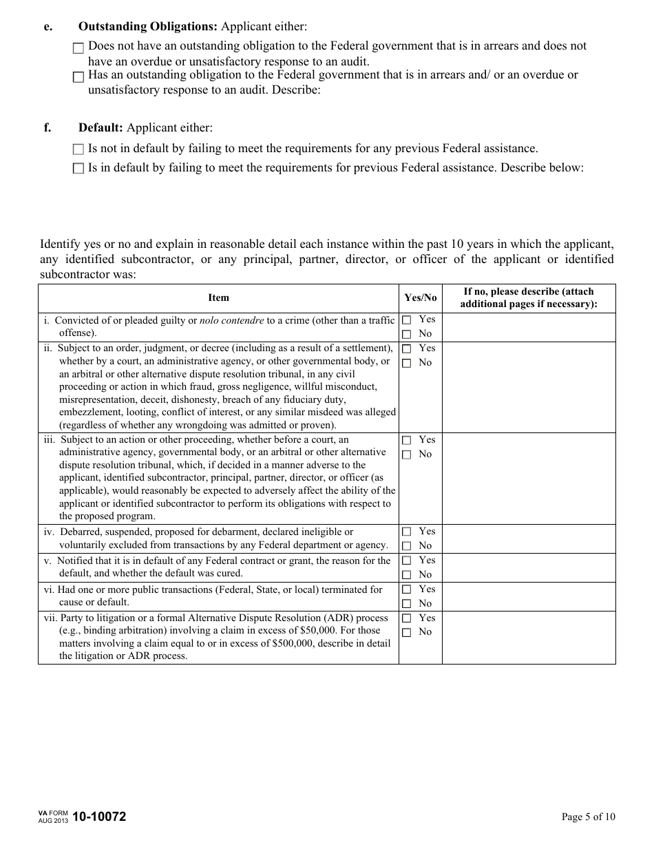 VA Form 10-10072 Supportive Services for Veteran Families (SSVF) Program Application for Supportive Services Grant, Page 5