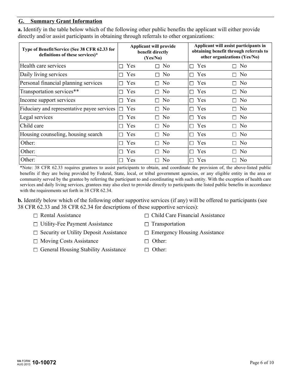 VA Form 10-10072 Supportive Services for Veteran Families (SSVF) Program Application for Supportive Services Grant, Page 6