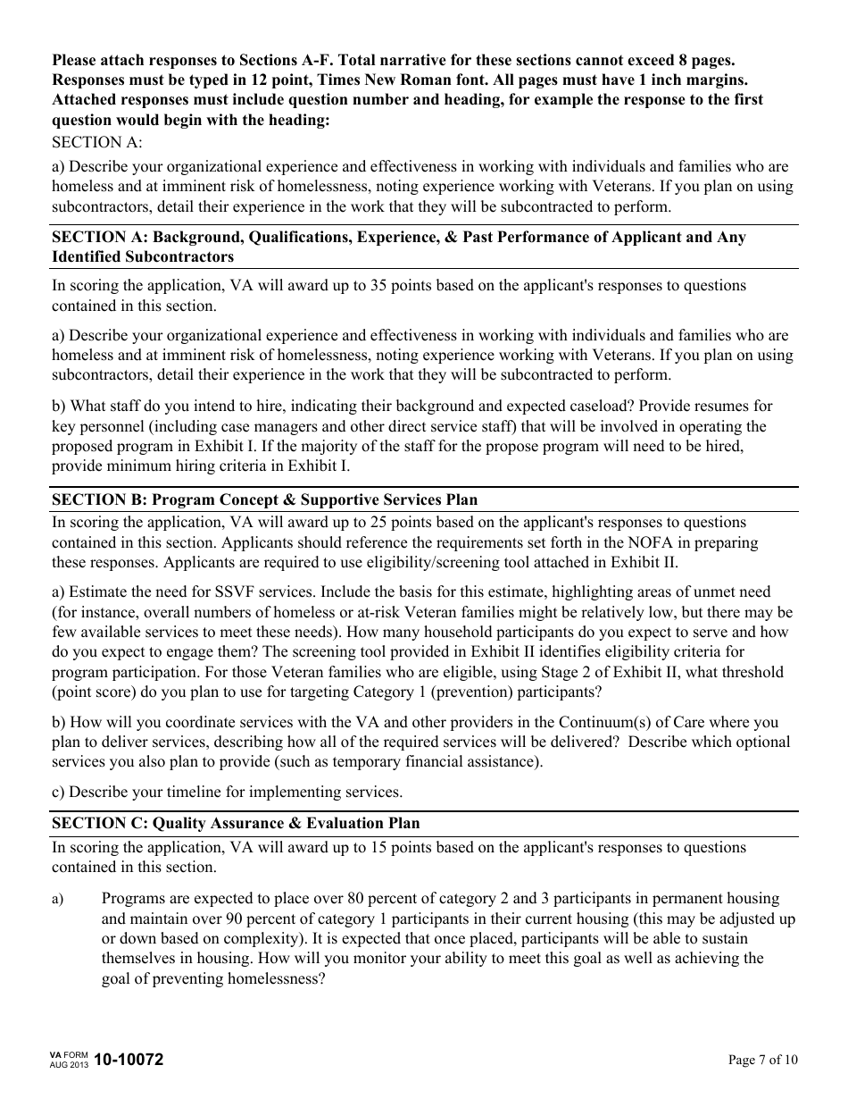 VA Form 10-10072 Supportive Services for Veteran Families (SSVF) Program Application for Supportive Services Grant, Page 7