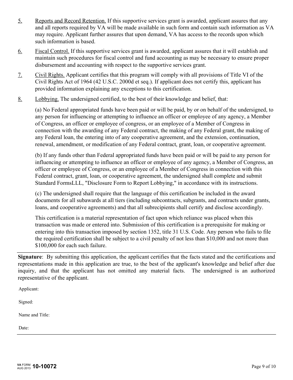 VA Form 10-10072 Supportive Services for Veteran Families (SSVF) Program Application for Supportive Services Grant, Page 9