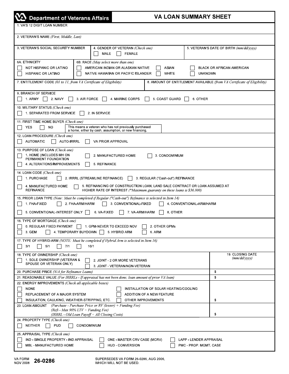 VA Form 26-0286 VA Loan Summary Sheet, Page 1