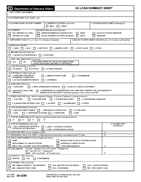 VA Form 26-0286 VA Loan Summary Sheet