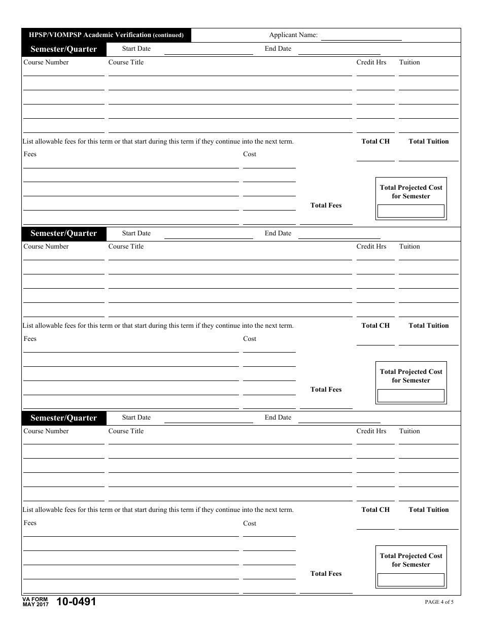 VA Form 10-0491 Academic Verification - Health Professional Scholarship Program (Hpsp)  Visual Impairment and Orientation and Mobility Professionals Scholarship Program (Viompsp), Page 4