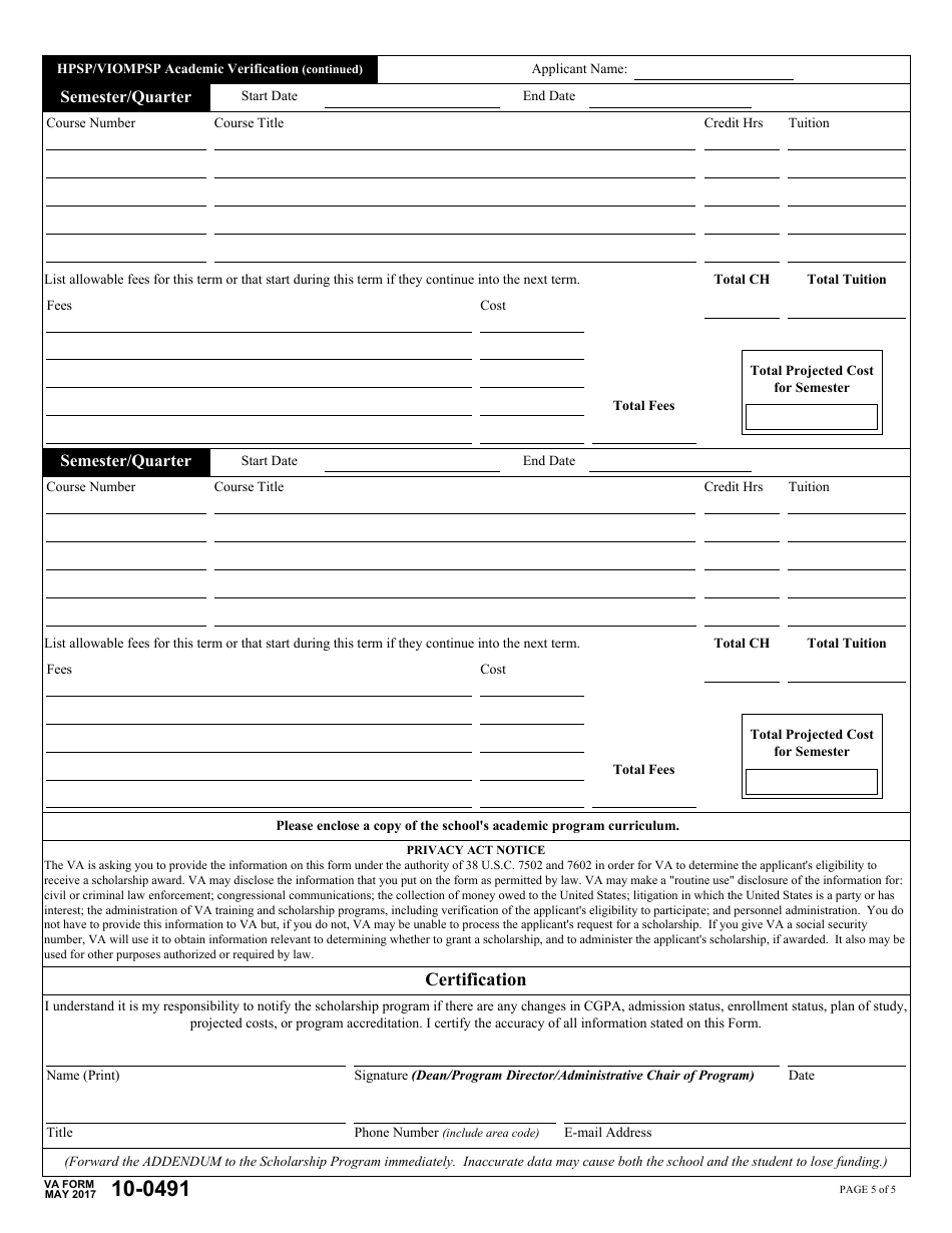 VA Form 10-0491 Academic Verification - Health Professional Scholarship Program (Hpsp)  Visual Impairment and Orientation and Mobility Professionals Scholarship Program (Viompsp), Page 5
