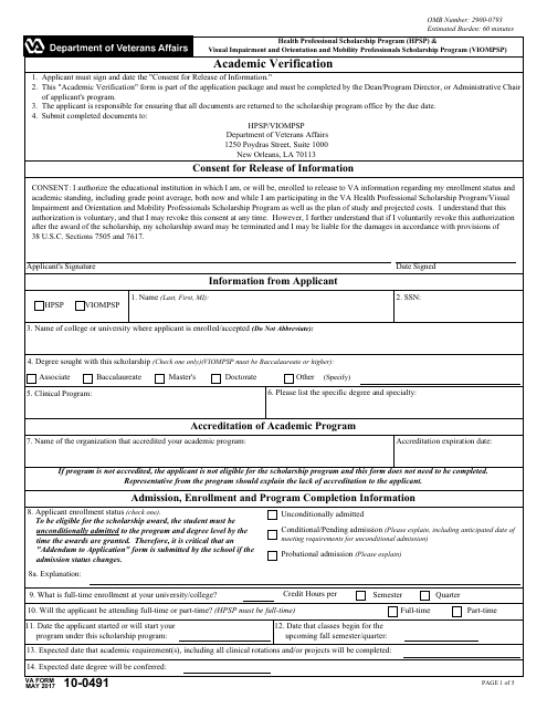 VA Form 10-0491  Printable Pdf