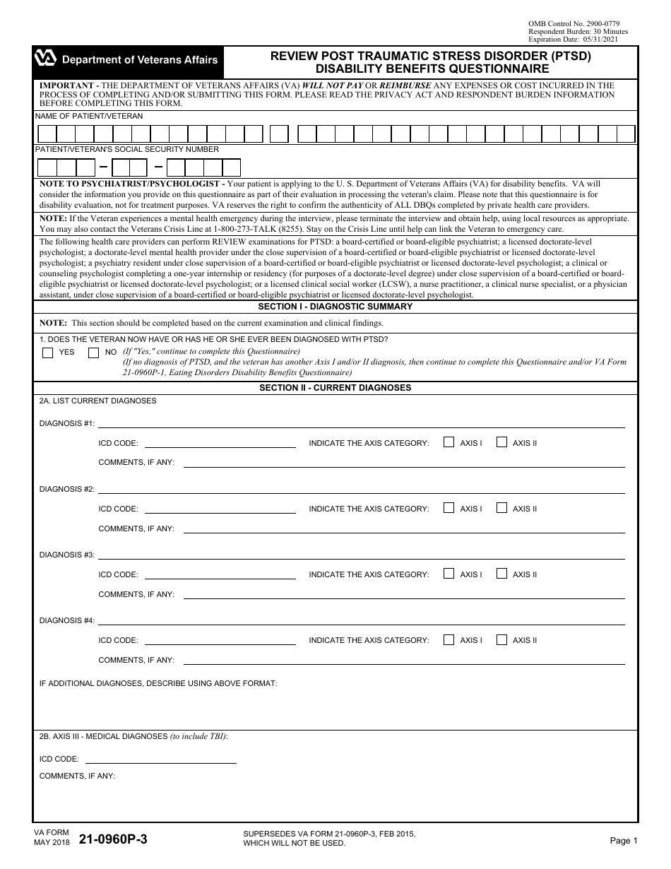 VA Form 21-0960P-3 Review Post Traumatic Stress Disorder (PTSD) Disability Benefits Questionnaire, Page 1