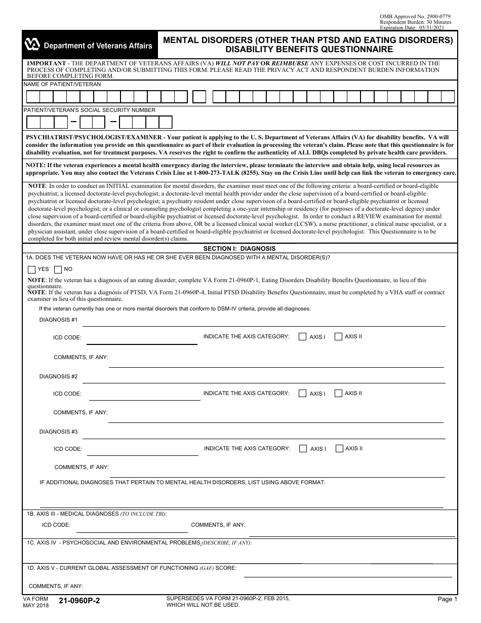 VA Form 21-0960P-2 Mental Disorders (Other Than PTSD and Eating Disorders) Disability Benefits Questionnaire, Page 1