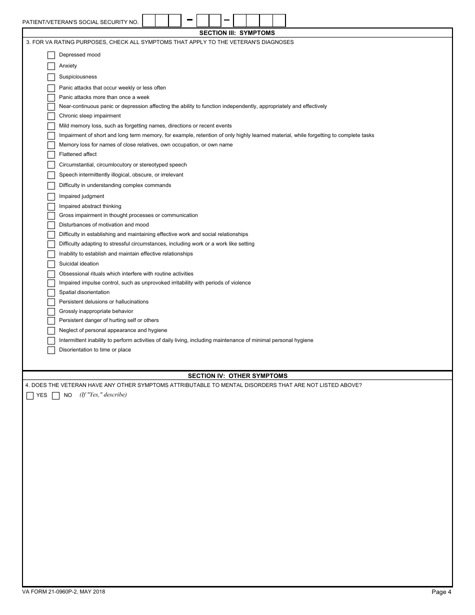 VA Form 21-0960P-2 Mental Disorders (Other Than PTSD and Eating Disorders) Disability Benefits Questionnaire, Page 4
