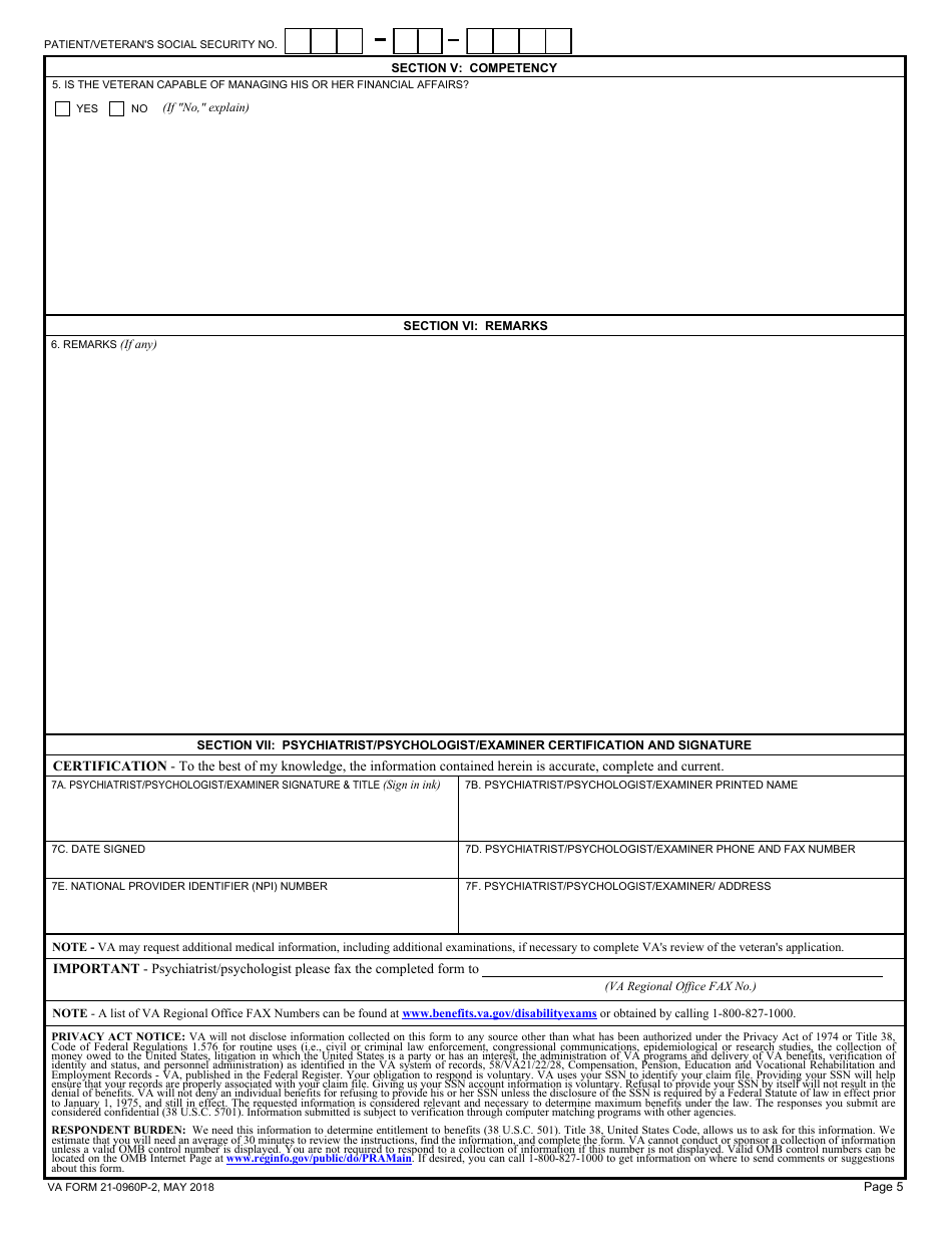 VA Form 21-0960P-2 Mental Disorders (Other Than PTSD and Eating Disorders) Disability Benefits Questionnaire, Page 5