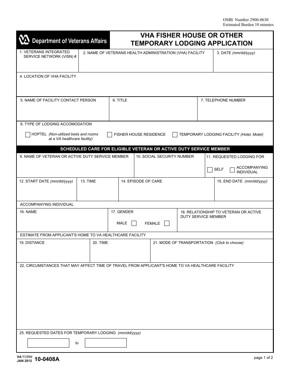 VA Form 10-0408A VHA Fisher House or Other Temporary Lodging Application, Page 1