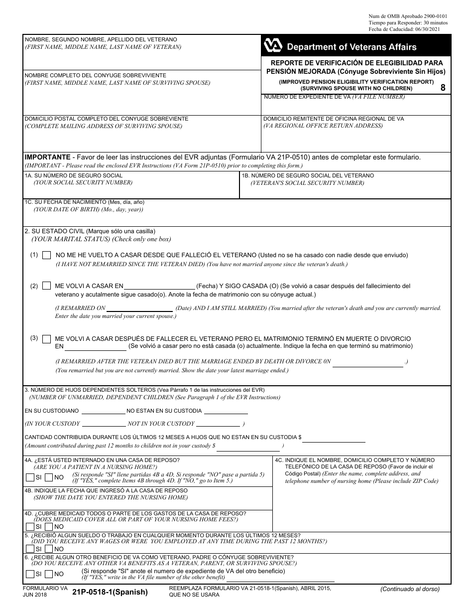 VA Form 21P-0518-1 Reporte De Verificacion De Elegibilidad Para Pension Mejorada (Conyuge Sobreviviente Sin Hijos) (English / Spanish), Page 1