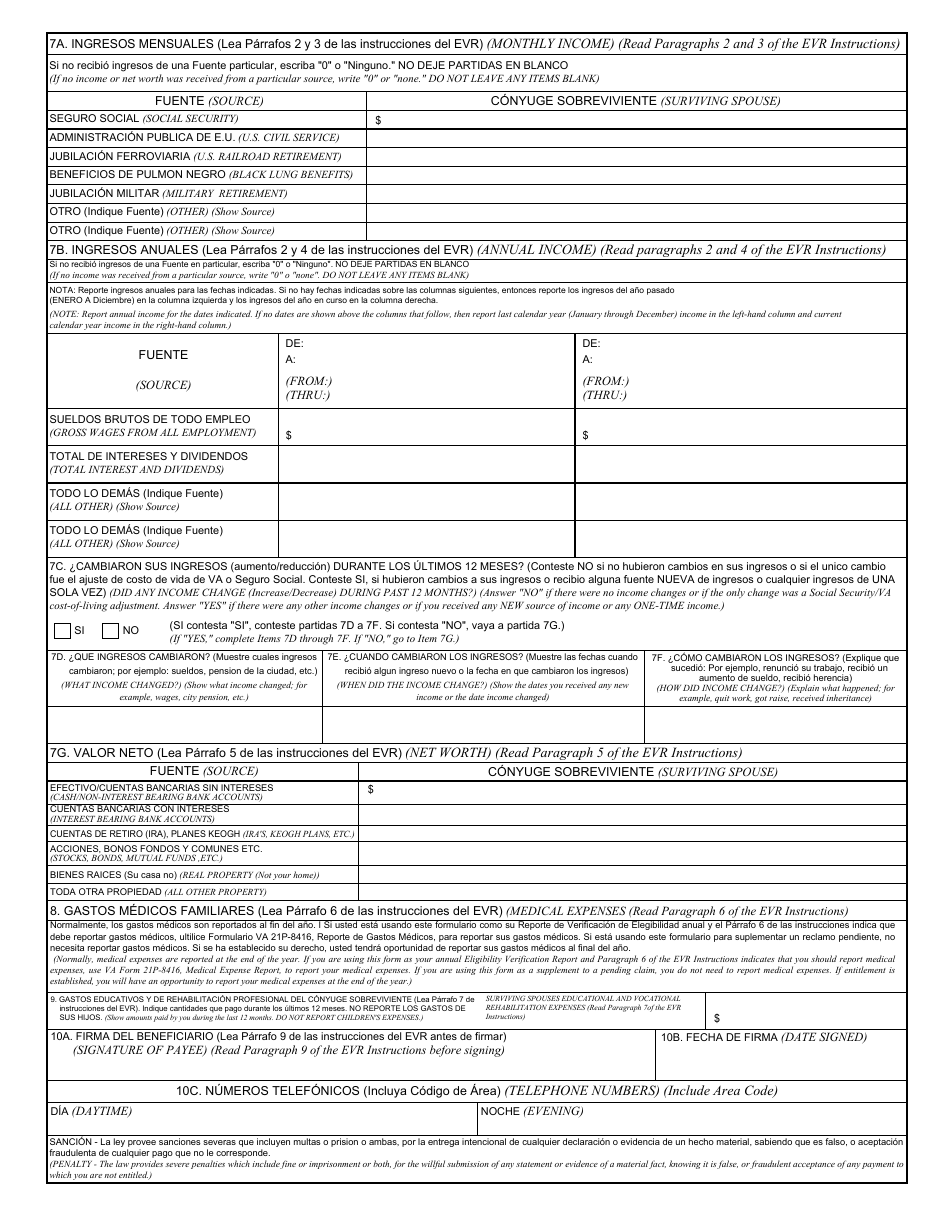 VA Form 21P-0518-1 Reporte De Verificacion De Elegibilidad Para Pension Mejorada (Conyuge Sobreviviente Sin Hijos) (English / Spanish), Page 2