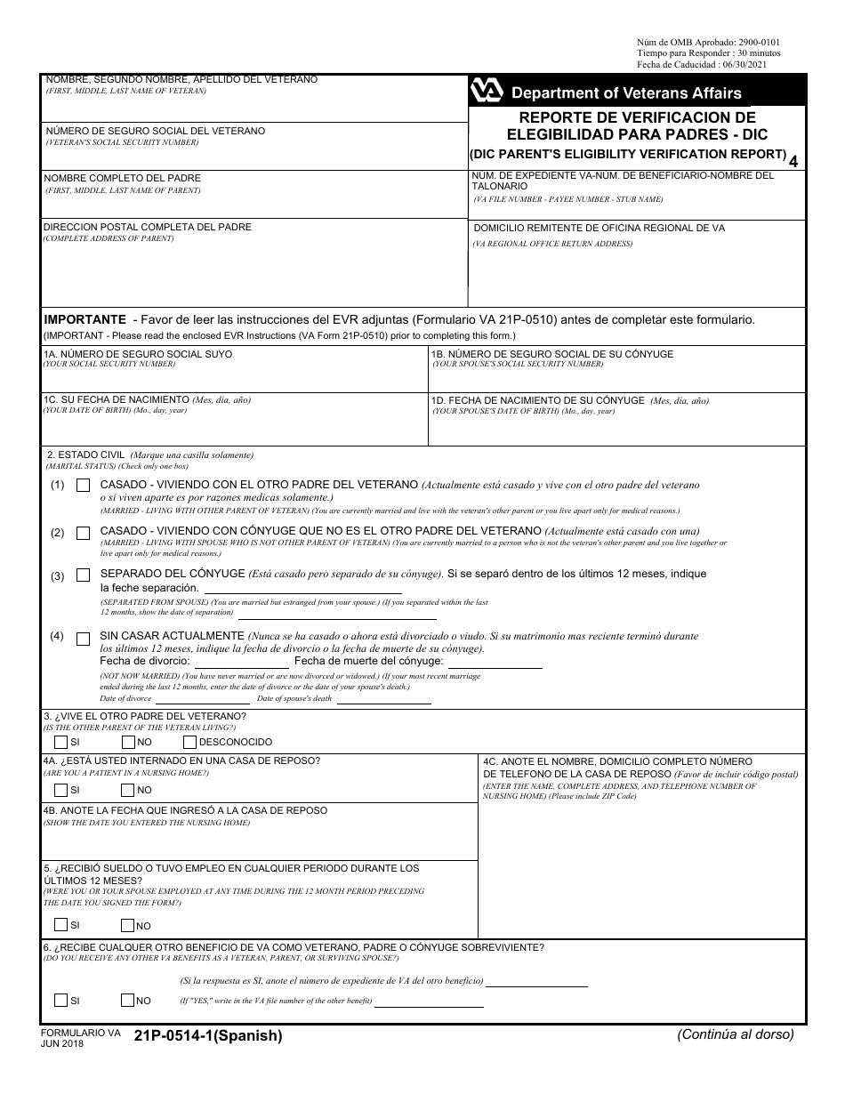 VA Form 21P-0514-1 Reporte De Verificacion De Elegibilidad Para Padres - Dic (English / Spanish), Page 1