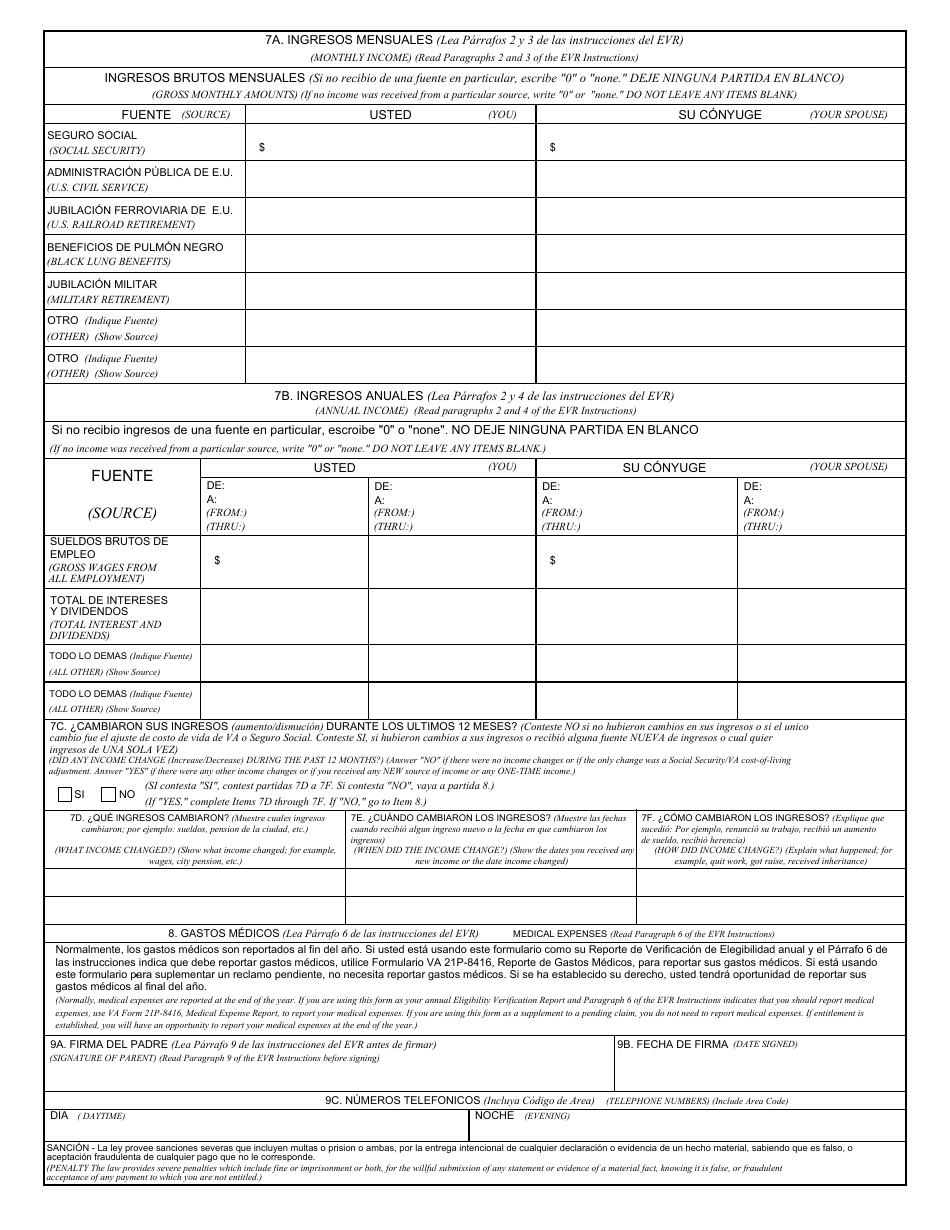 VA Form 21P-0514-1 Reporte De Verificacion De Elegibilidad Para Padres - Dic (English / Spanish), Page 2